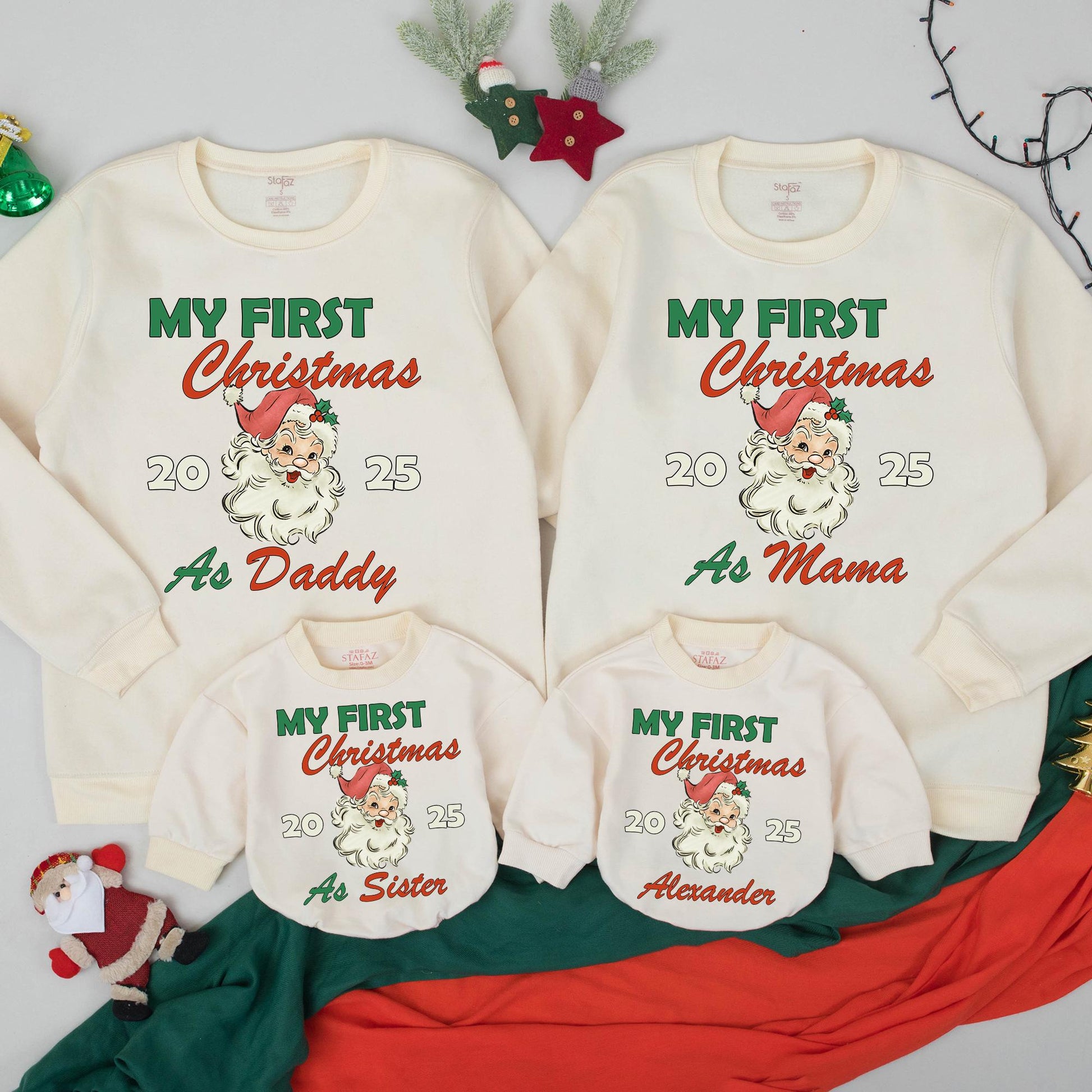 Personalized My First Christmas Family Matching Sweatshirt with Vintage Santa Design Holly Detail Festive Holiday Baby Sweater Gift for Infant Toddler 2025 Celebration