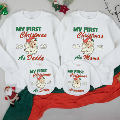 Personalized My First Christmas Family Matching Sweatshirt with Vintage Santa Design Holly Detail Festive Holiday Baby Sweater Gift for Infant Toddler 2025 Celebration