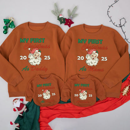 Personalized My First Christmas Family Matching Sweatshirt with Vintage Santa Design Holly Detail Festive Holiday Baby Sweater Gift for Infant Toddler 2025 Celebration