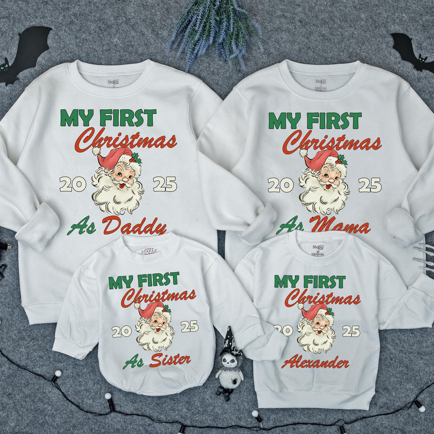 Personalized My First Christmas Family Matching Sweatshirt with Vintage Santa Design Holly Detail Festive Holiday Baby Sweater Gift for Infant Toddler 2025 Celebration