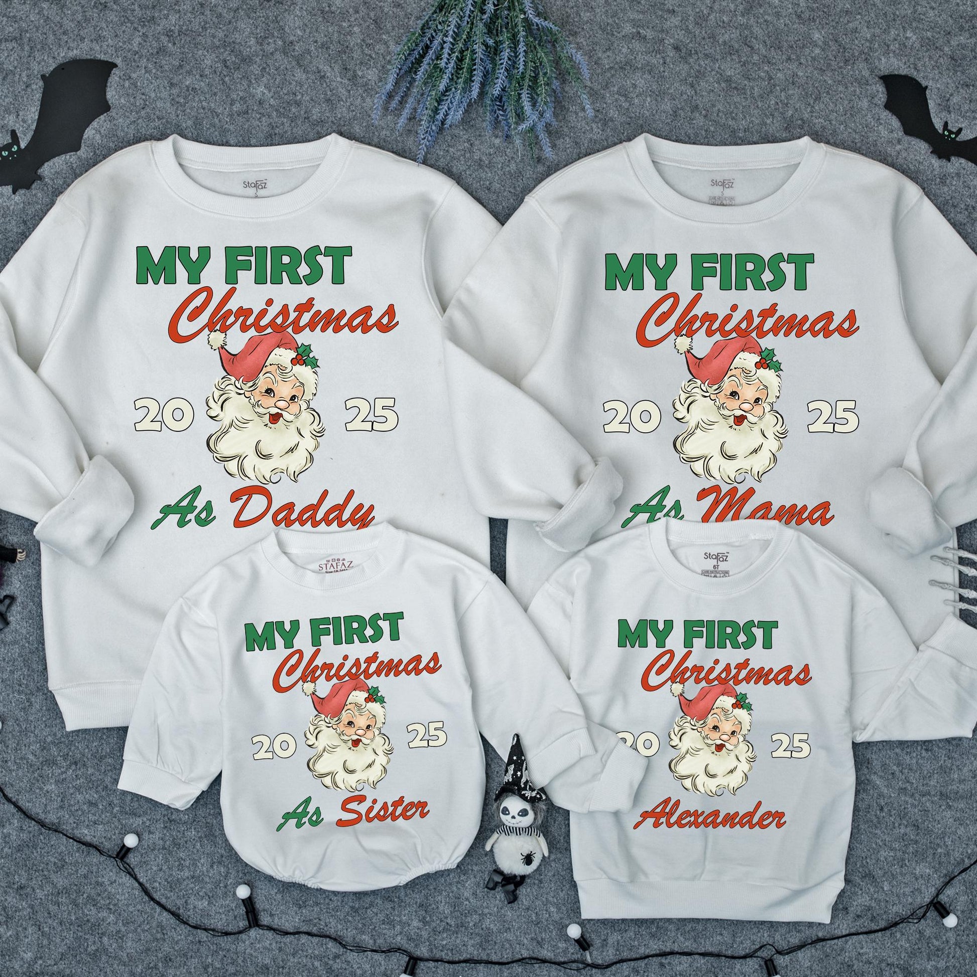 Personalized My First Christmas Family Matching Sweatshirt with Vintage Santa Design Holly Detail Festive Holiday Baby Sweater Gift for Infant Toddler 2025 Celebration