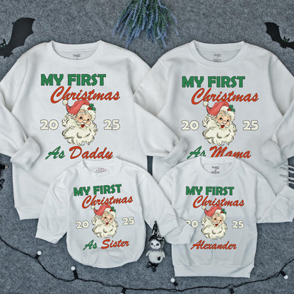 Personalized My First Christmas Family Matching Sweatshirt with Vintage Santa Design Holly Detail Festive Holiday Baby Sweater Gift for Infant Toddler 2025 Celebration