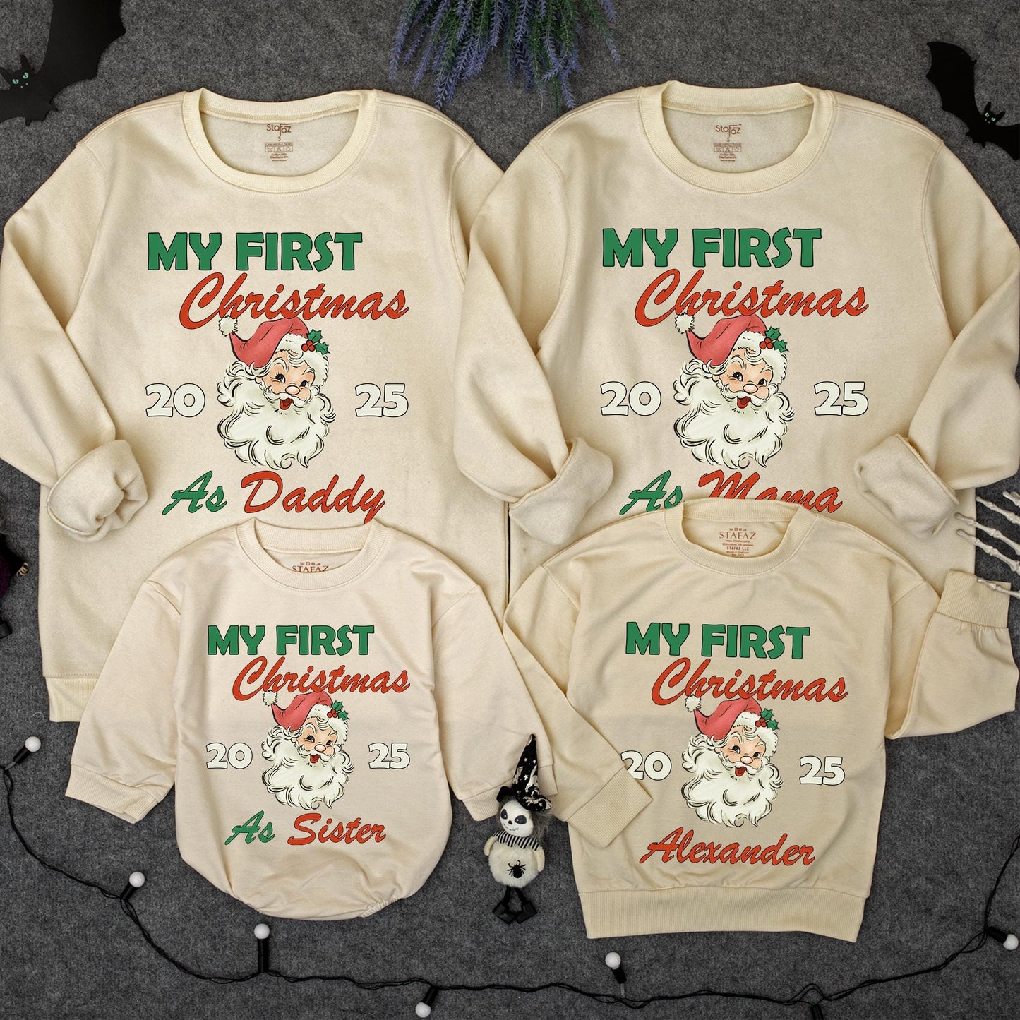 Personalized My First Christmas Family Matching Sweatshirt with Vintage Santa Design Holly Detail Festive Holiday Baby Sweater Gift for Infant Toddler 2025 Celebration