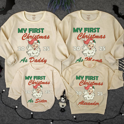 Personalized My First Christmas Family Matching Sweatshirt with Vintage Santa Design Holly Detail Festive Holiday Baby Sweater Gift for Infant Toddler 2025 Celebration