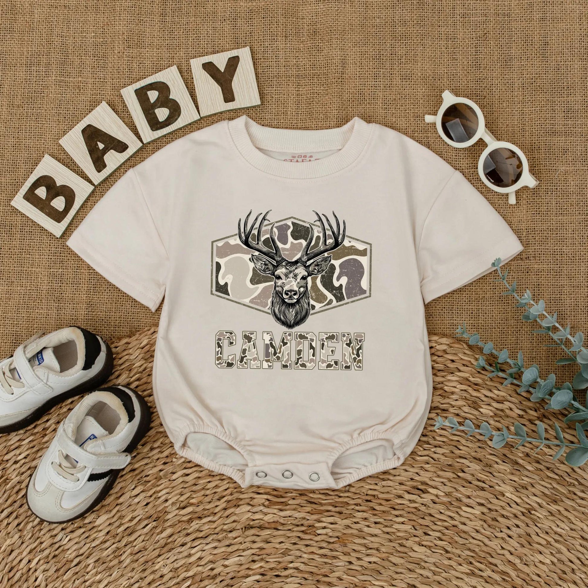 Personalized Camo Deer Hunting Romper for Baby Boy - Custom Bodysuit, Infant Clothes, Baby Shower Gift, Outdoor Outfit