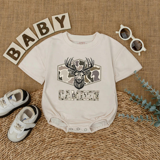 Personalized Camo Deer Hunting Romper for Baby Boy - Custom Bodysuit, Infant Clothes, Baby Shower Gift, Outdoor Outfit