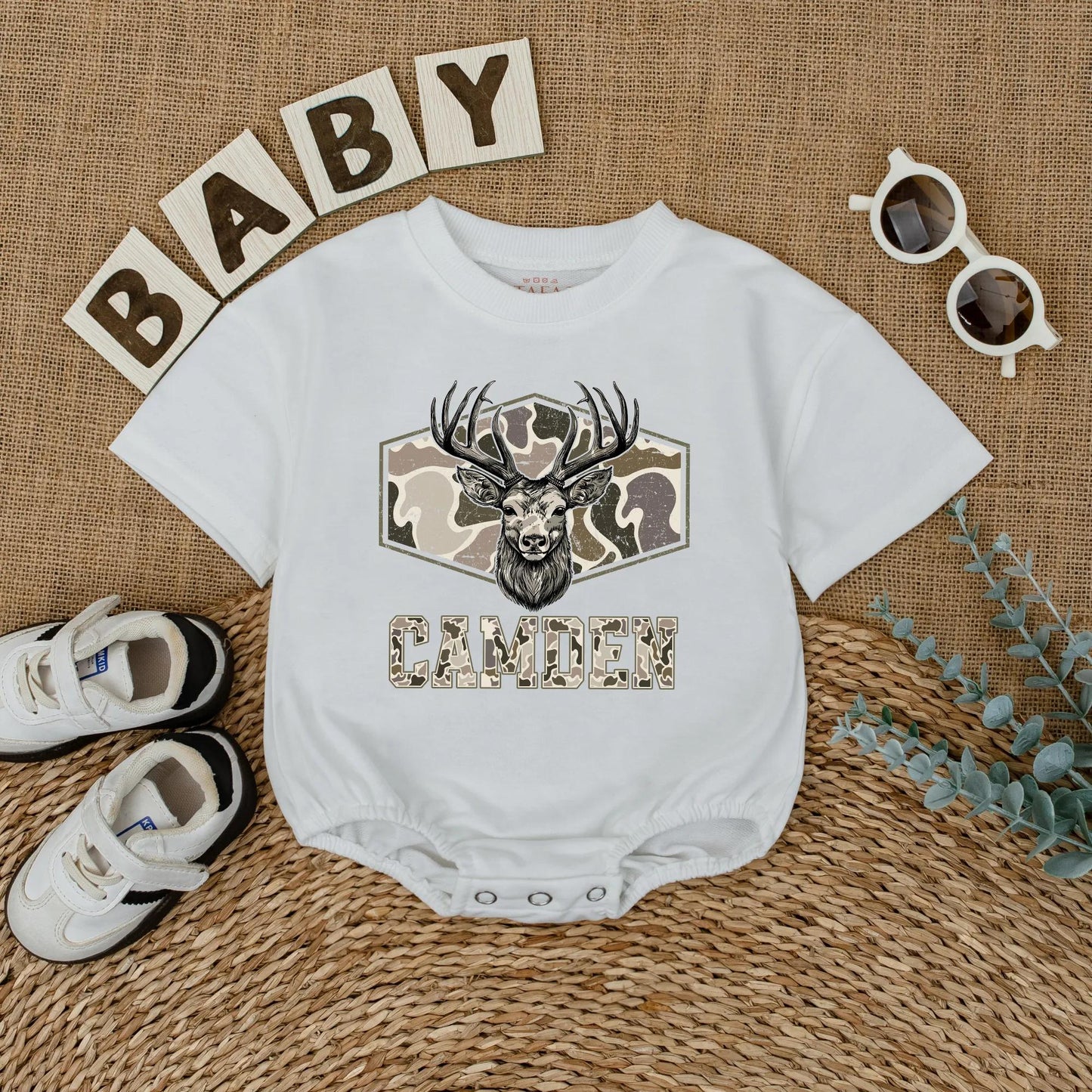 Personalized Camo Deer Hunting Romper for Baby Boy - Custom Bodysuit, Infant Clothes, Baby Shower Gift, Outdoor Outfit