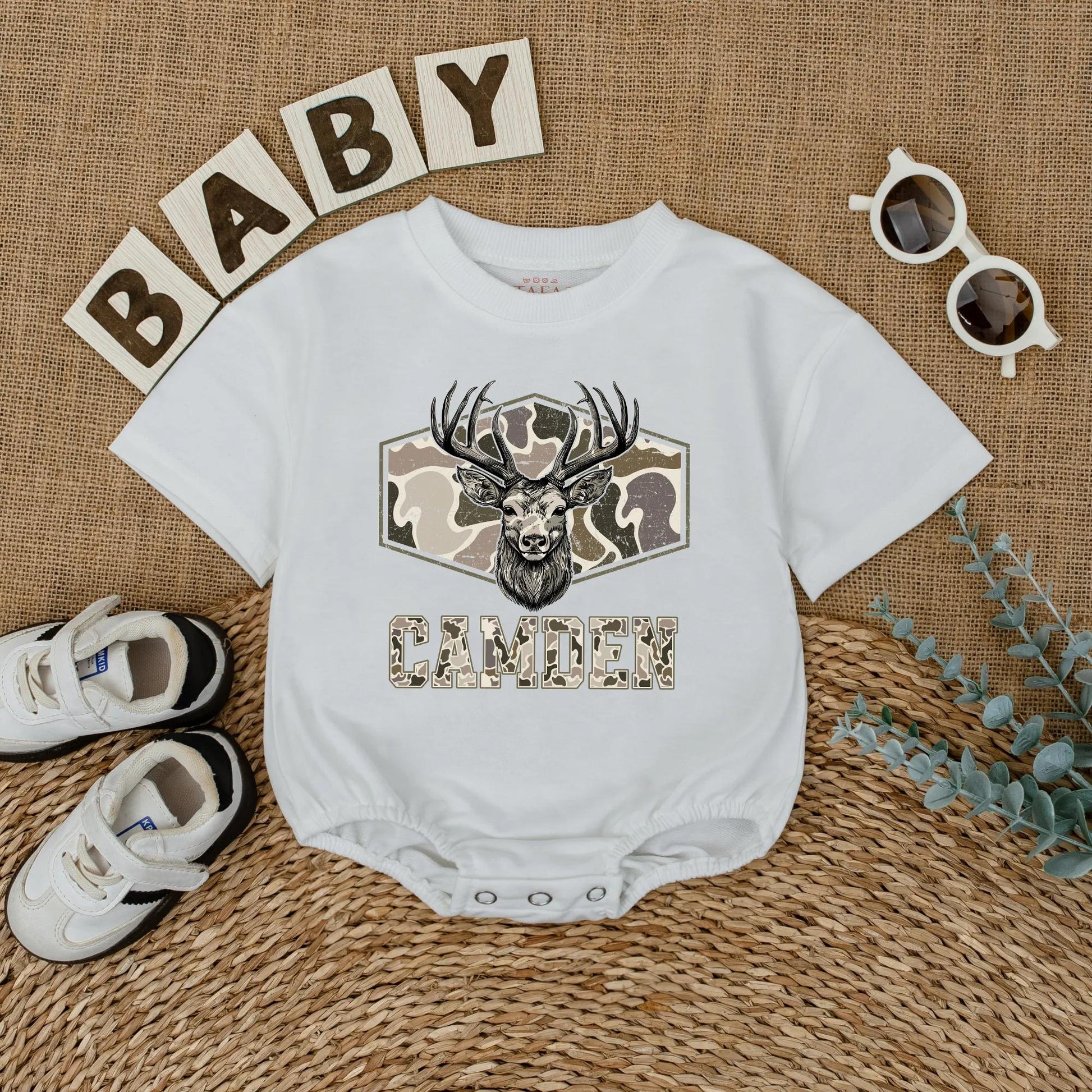 Personalized Camo Deer Hunting Romper for Baby Boy - Custom Bodysuit, Infant Clothes, Baby Shower Gift, Outdoor Outfit