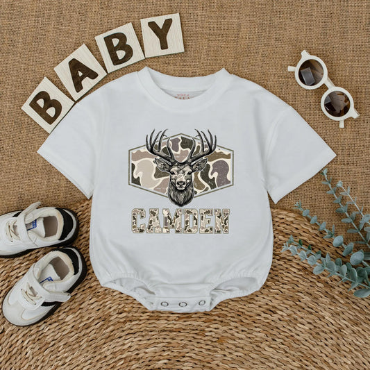 Personalized Camo Deer Hunting Romper for Baby Boy - Custom Bodysuit, Infant Clothes, Baby Shower Gift, Outdoor Outfit