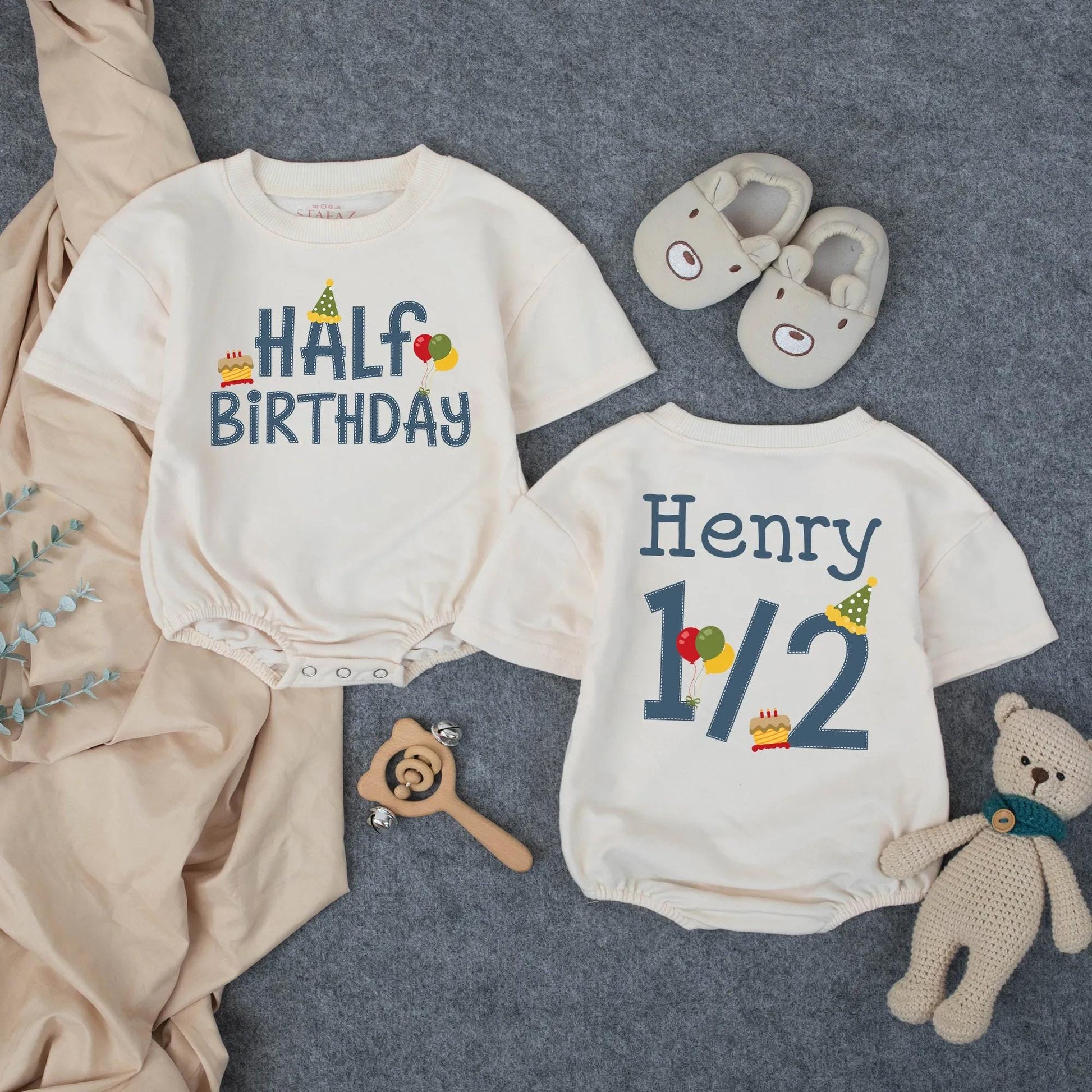 Half Birthday Boy Outfit Personalized Romper Set, 6 Month Milestone Party Clothes, Denim Blue Cake & Balloons, Custom Name "Henry" One Half Gift (138 chars)