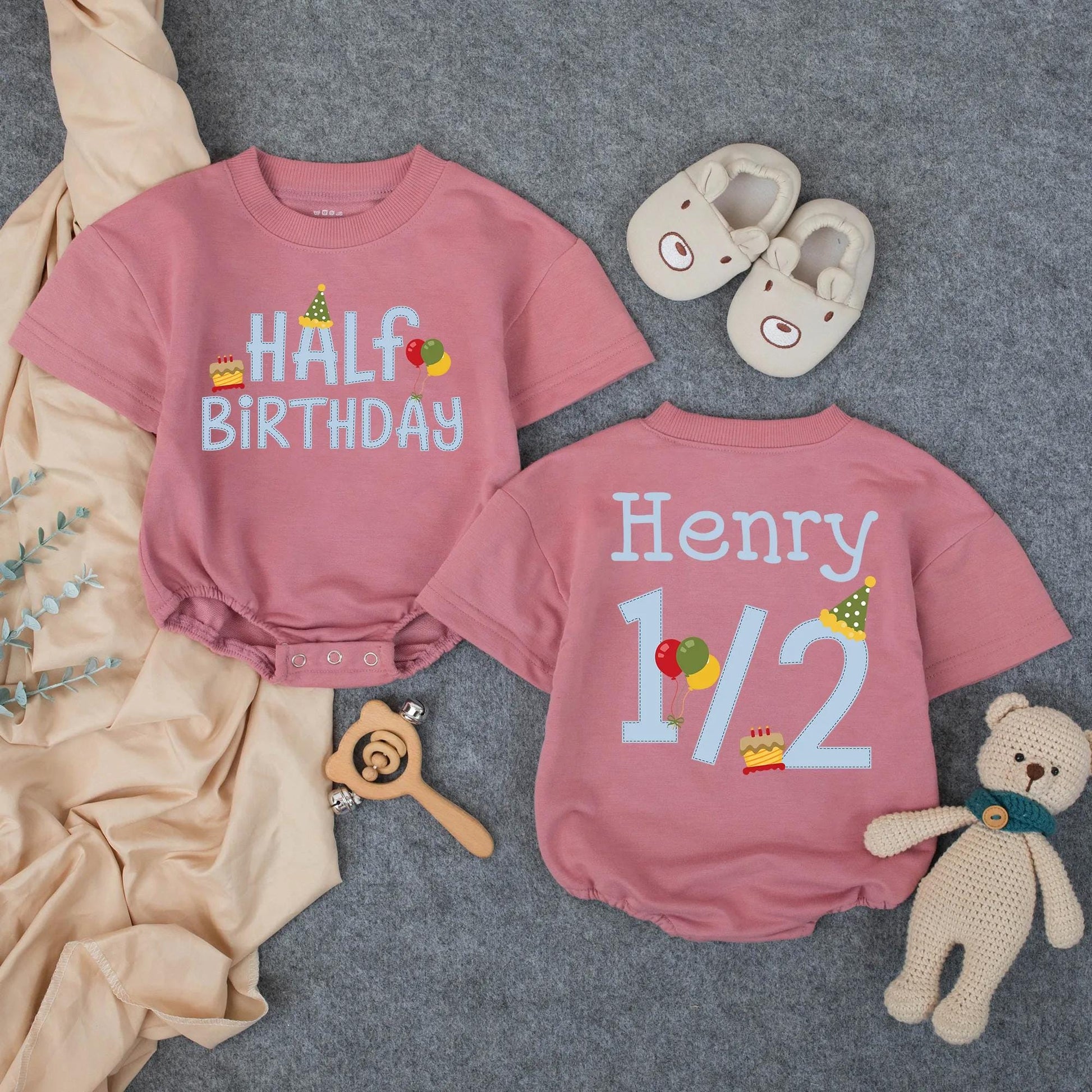 Half Birthday Boy Outfit Personalized Romper Set, 6 Month Milestone Party Clothes, Denim Blue Cake & Balloons, Custom Name "Henry" One Half Gift (138 chars)