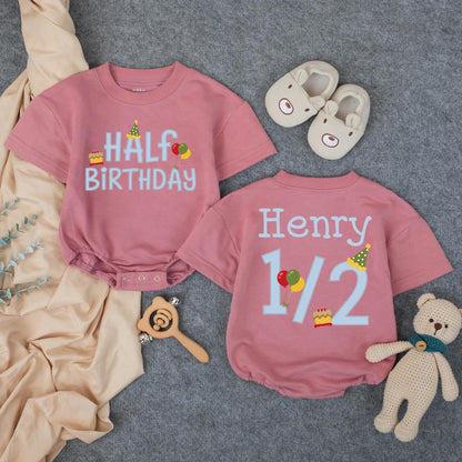 Half Birthday Boy Outfit Personalized Romper Set, 6 Month Milestone Party Clothes, Denim Blue Cake & Balloons, Custom Name "Henry" One Half Gift (138 chars)