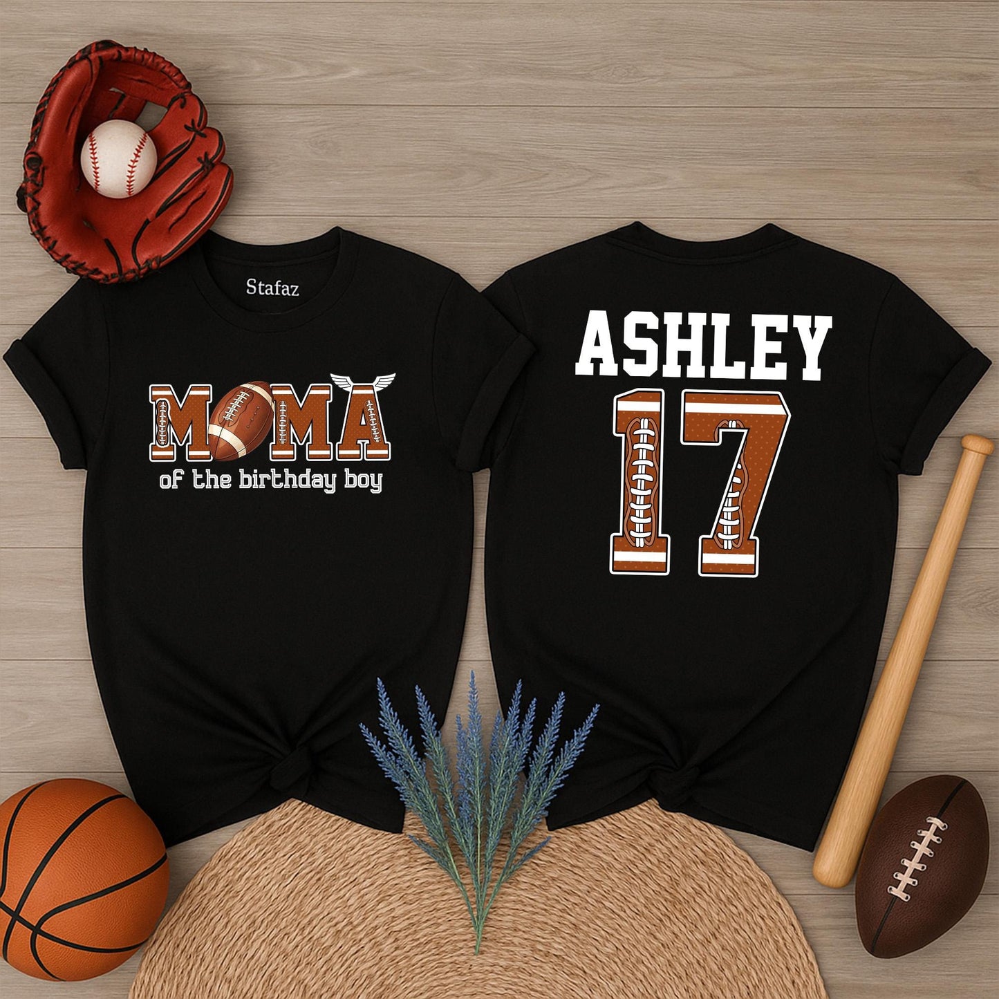 Custom Name Number Football First Birthday Matching Family Game Day Party Shirts featuring MOMA of the Birthday Boy design