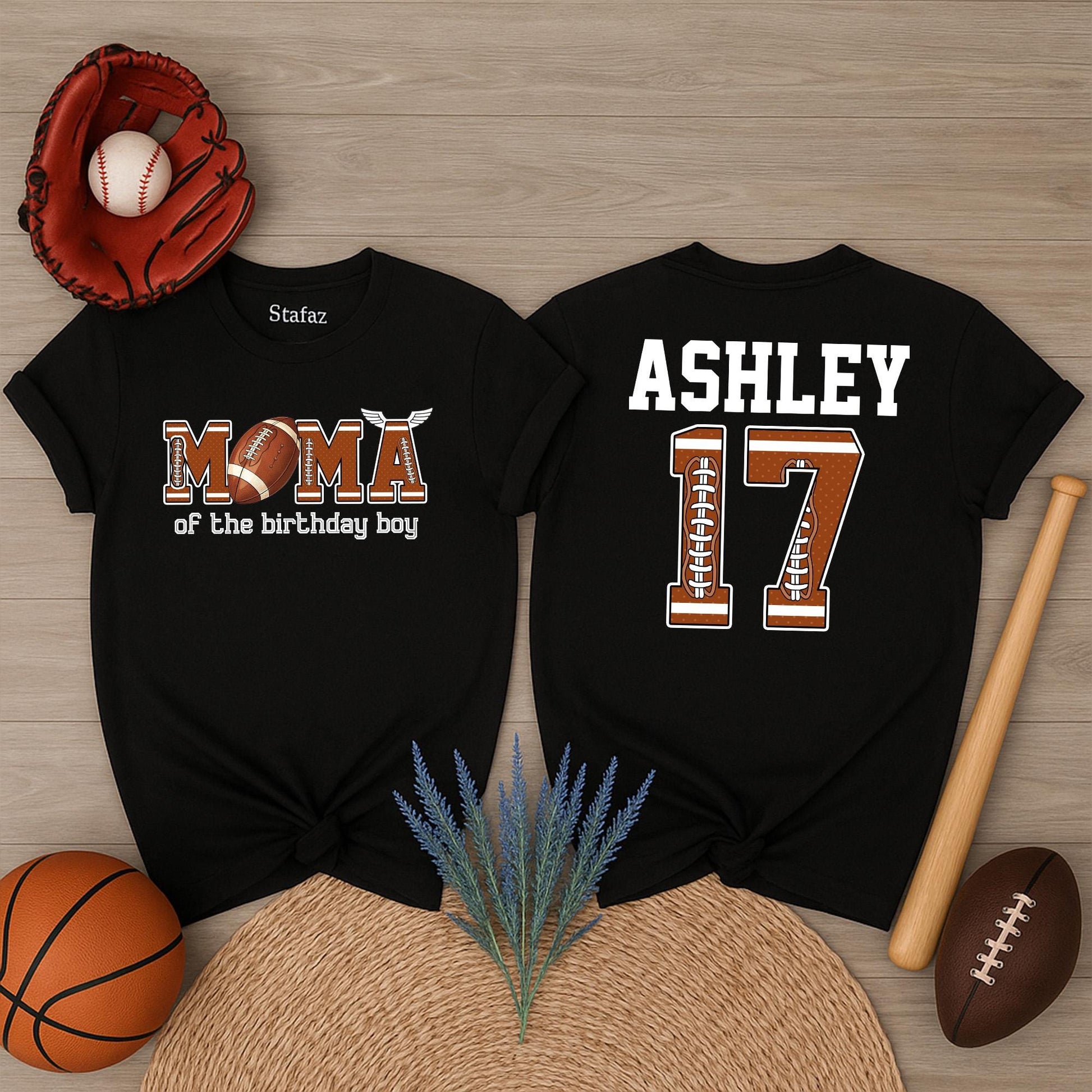 Custom Name Number Football First Birthday Matching Family Game Day Party Shirts featuring MOMA of the Birthday Boy design