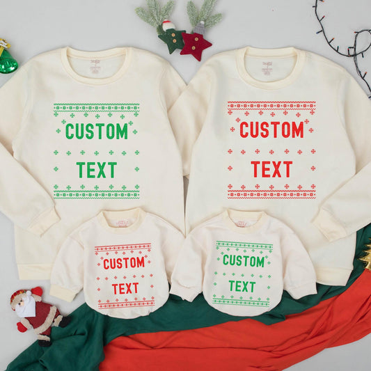 Custom Family Christmas Sweatshirts, Funny Holiday Group Sweater with Festive Fair Isle Snowflakes, Matching Xmas Party Outfits for Mom, Dad, Kids 138