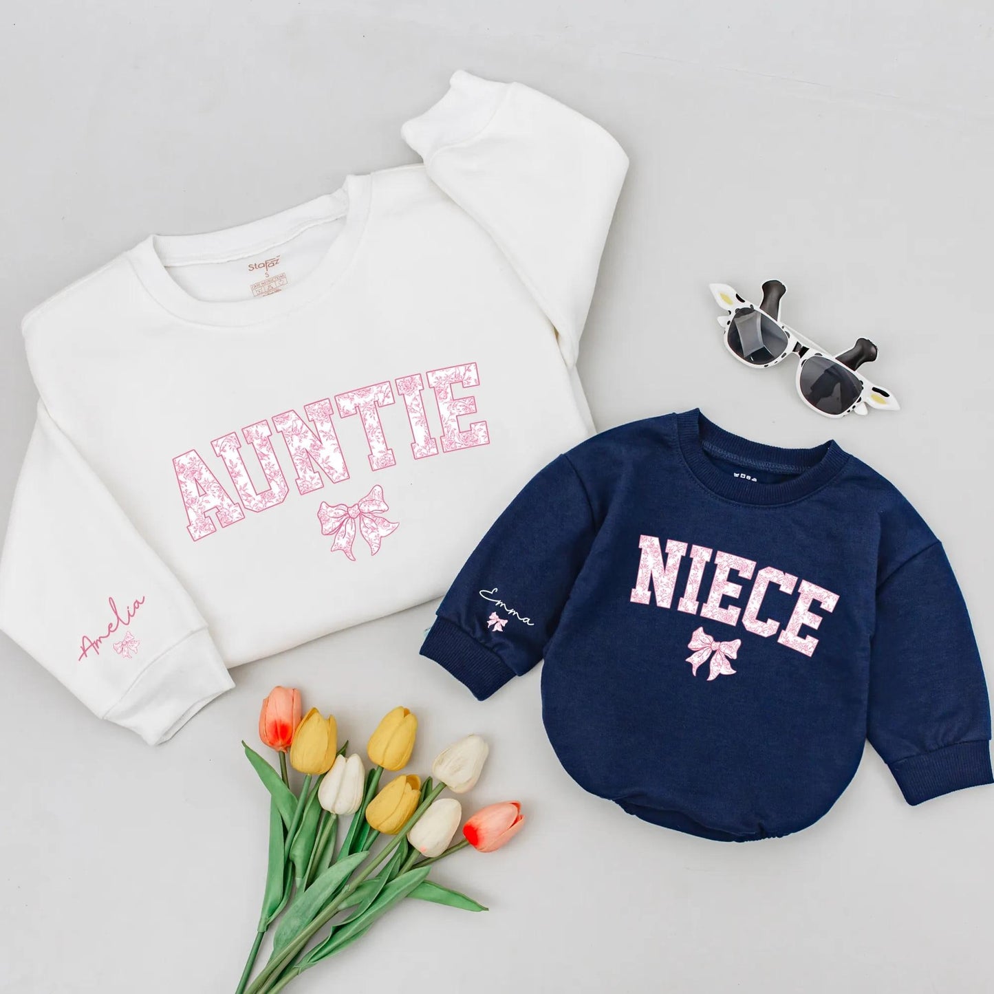 Custom Matching Auntie Niece Sweatshirt Chinoiserie Floral Block Lettering Coquette Bow Personalized Sleeve Name Pink White Gift
