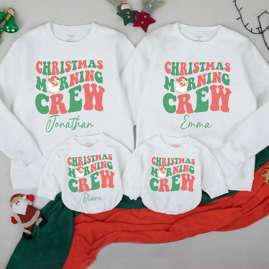 Christmas Morning Crew Retro Sweatshirt for Kids & Toddlers, Red & Green Holiday Outfit, Family Matching Option Available, Winter Kid Sweater