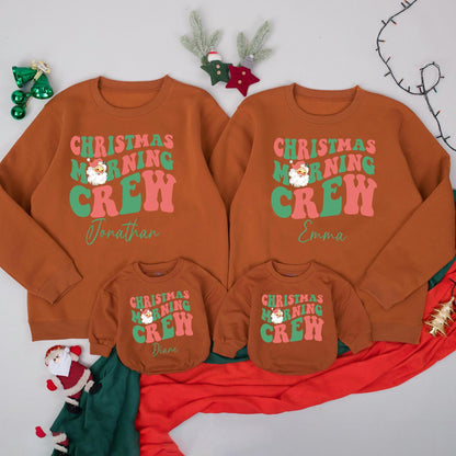 Christmas Morning Crew Retro Sweatshirt for Kids & Toddlers, Red & Green Holiday Outfit, Family Matching Option Available, Winter Kid Sweater