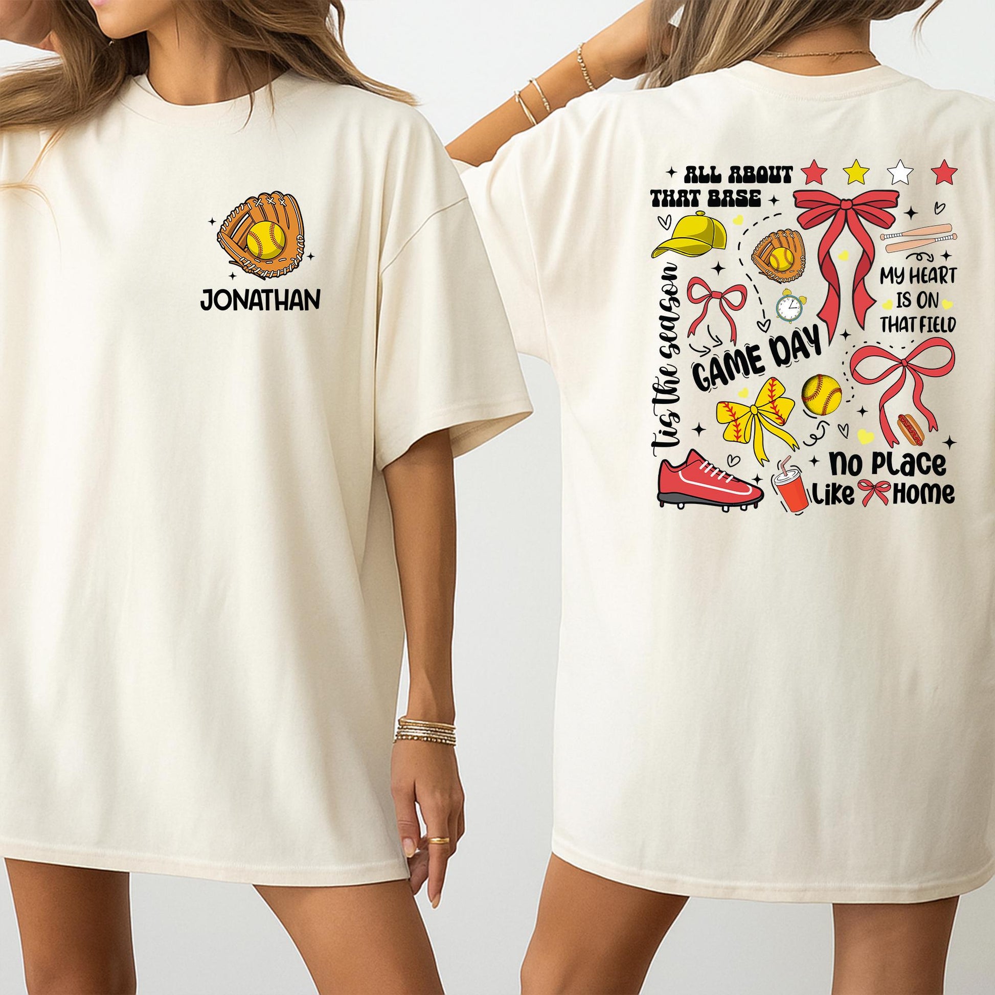 Jonathan's Softball Game Day Tee: Custom Number Softball Mom Shirt, All About That Base, Whimsical Sports Outfit, Personalized Team Name Gift (137 chars)