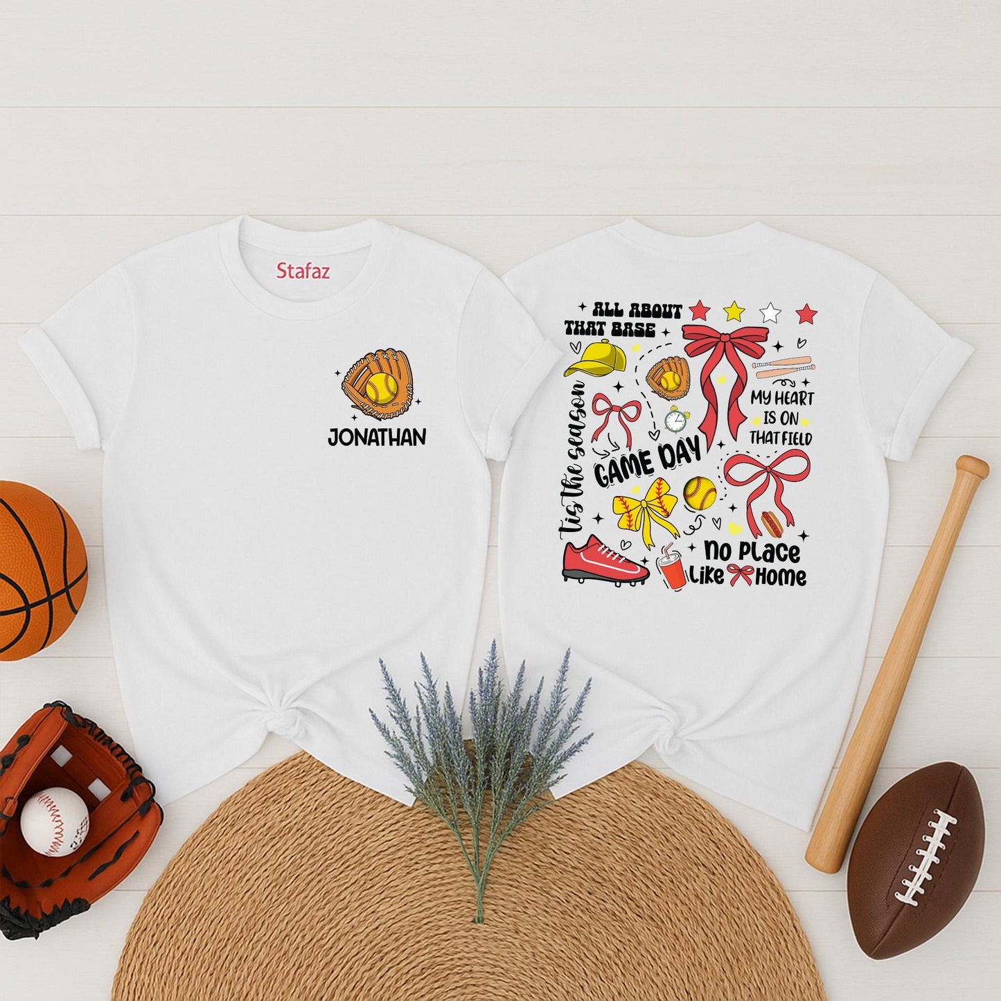 Jonathan's Softball Game Day Tee: Custom Number Softball Mom Shirt, All About That Base, Whimsical Sports Outfit, Personalized Team Name Gift (137 chars)