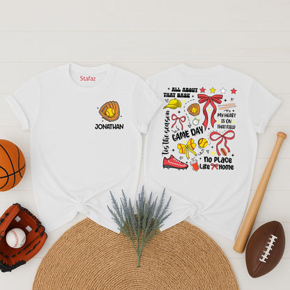 Jonathan's Softball Game Day Tee: Custom Number Softball Mom Shirt, All About That Base, Whimsical Sports Outfit, Personalized Team Name Gift (137 chars)