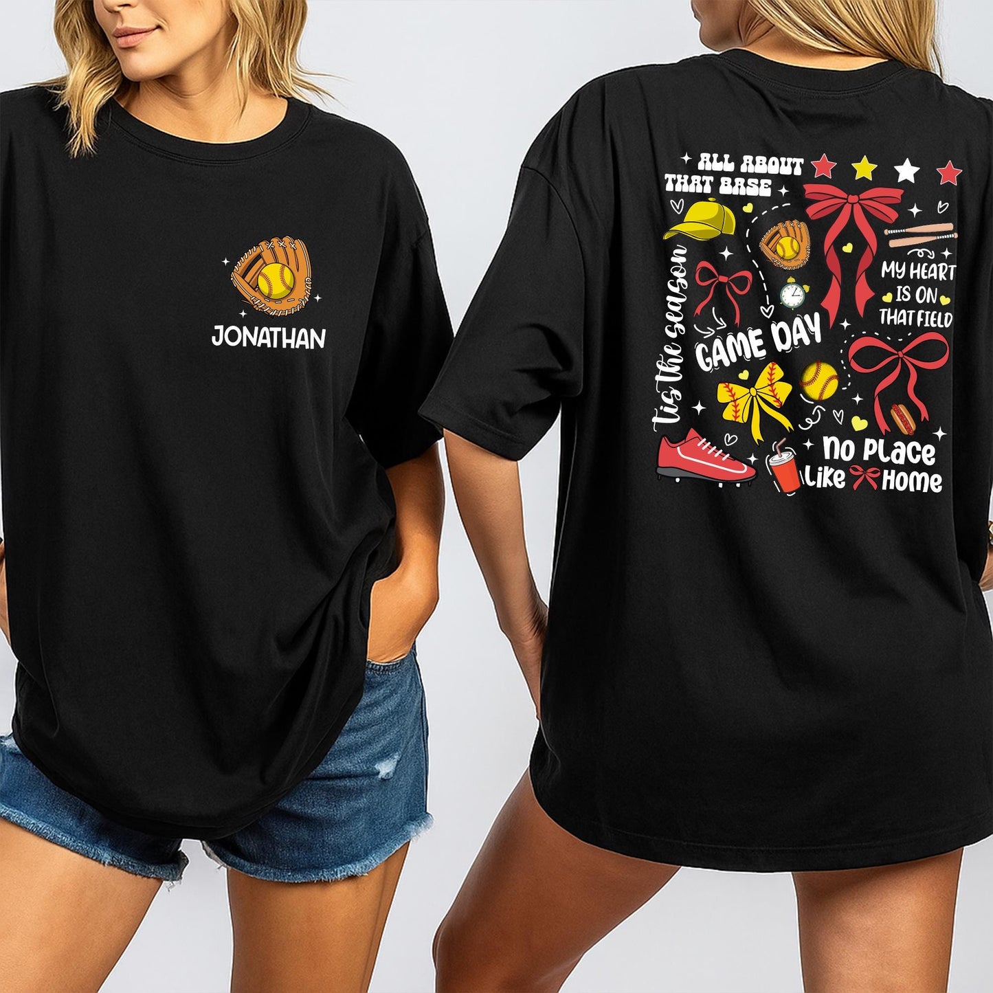 Jonathan's Softball Game Day Tee: Custom Number Softball Mom Shirt, All About That Base, Whimsical Sports Outfit, Personalized Team Name Gift (137 chars)