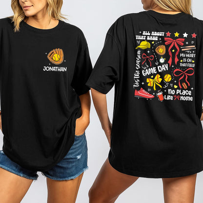 Jonathan's Softball Game Day Tee: Custom Number Softball Mom Shirt, All About That Base, Whimsical Sports Outfit, Personalized Team Name Gift (137 chars)