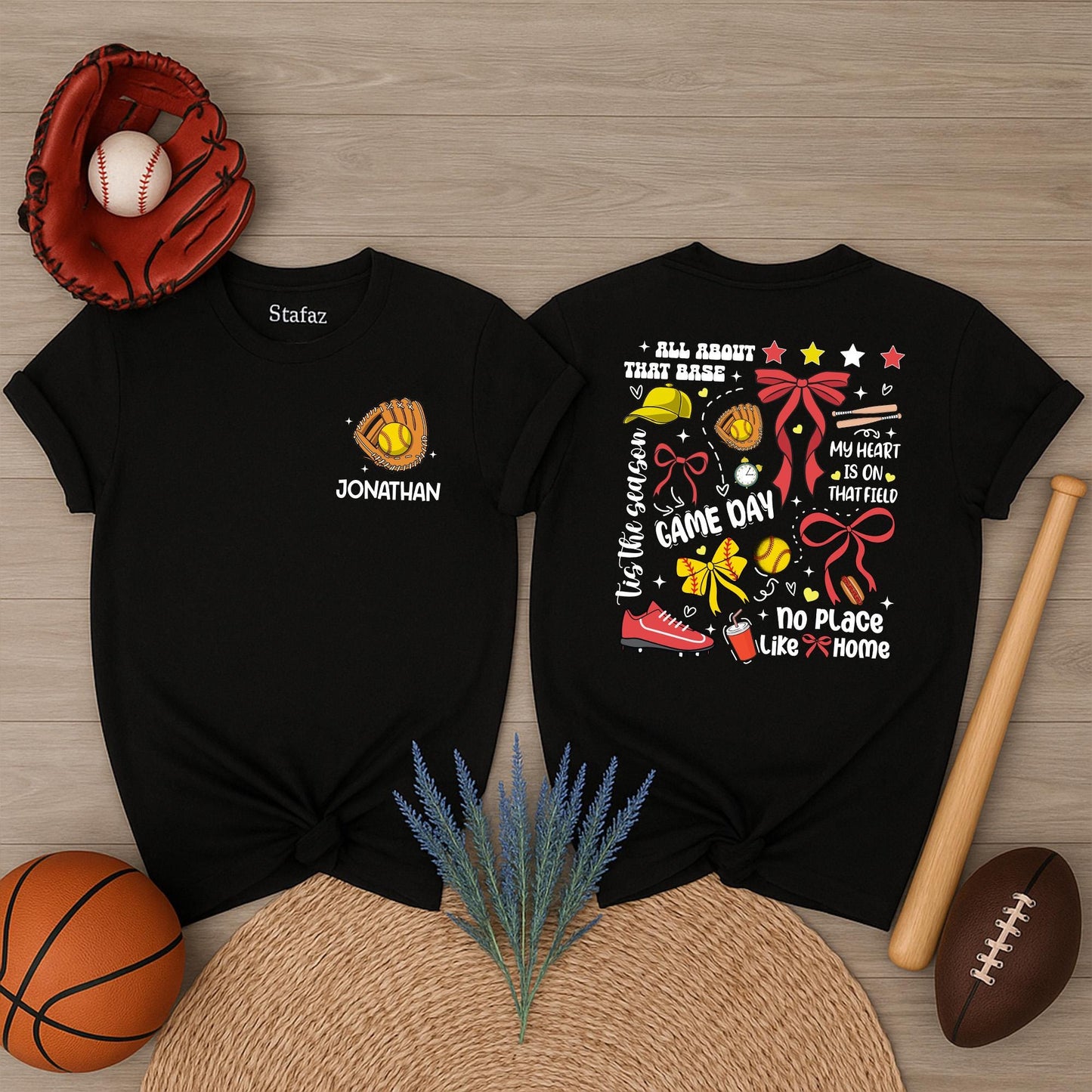 Jonathan's Softball Game Day Tee: Custom Number Softball Mom Shirt, All About That Base, Whimsical Sports Outfit, Personalized Team Name Gift (137 chars)