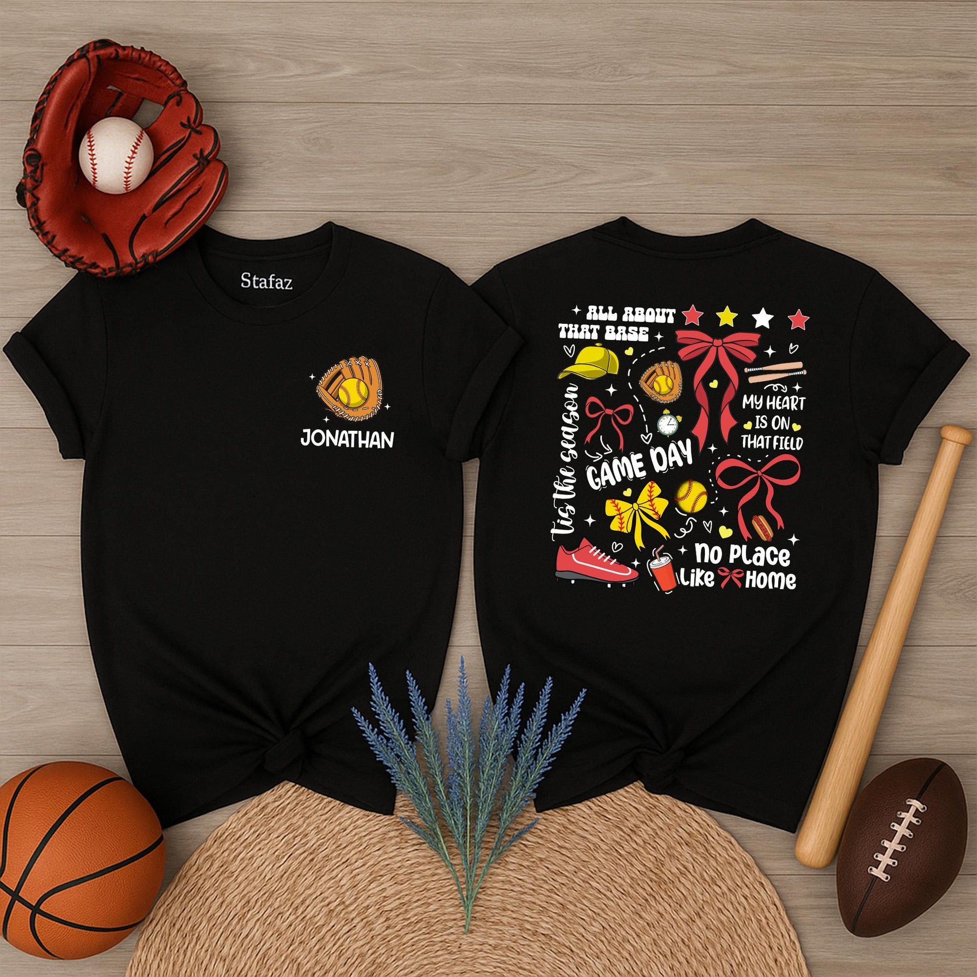 Jonathan's Softball Game Day Tee: Custom Number Softball Mom Shirt, All About That Base, Whimsical Sports Outfit, Personalized Team Name Gift (137 chars)