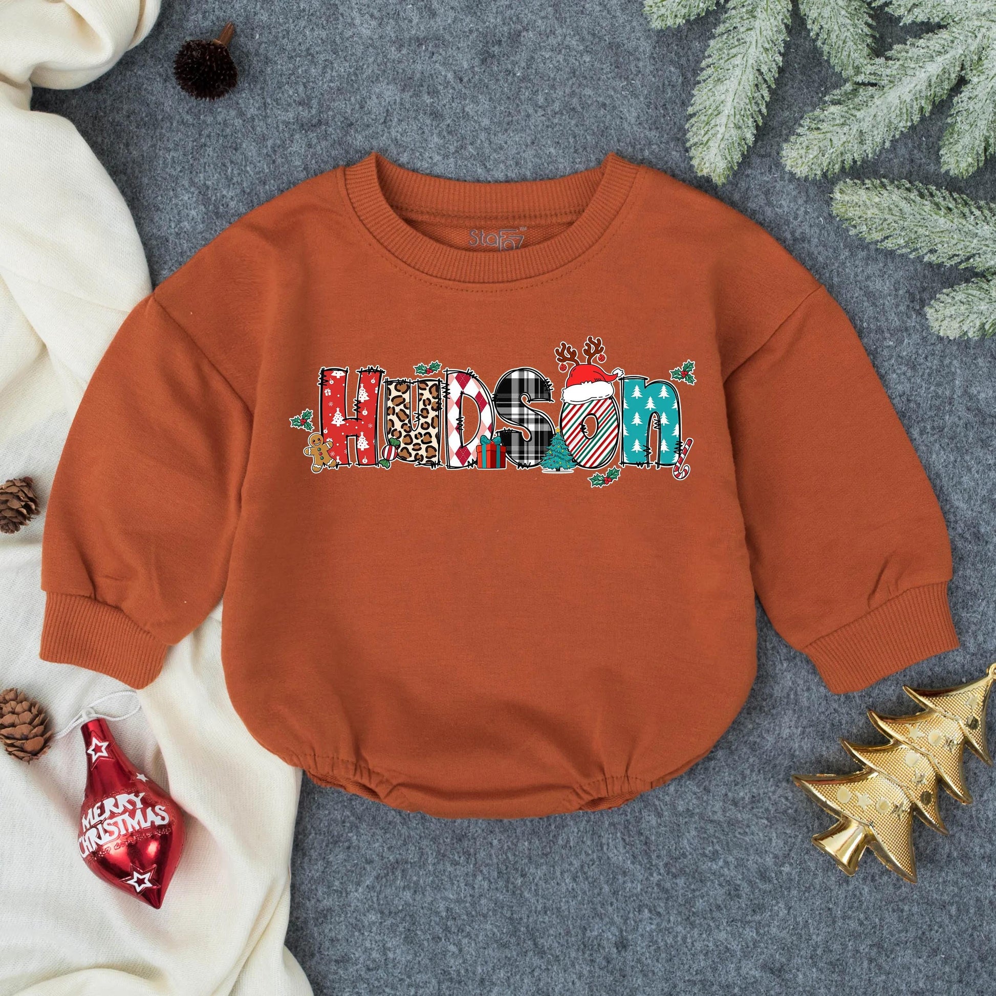 Personalized Baby Boy First Christmas Romper Outfit Custom Name Holiday Bubble Toddler Clothes Winter Gift Festive Infant Outfit Adorable Xmas 138