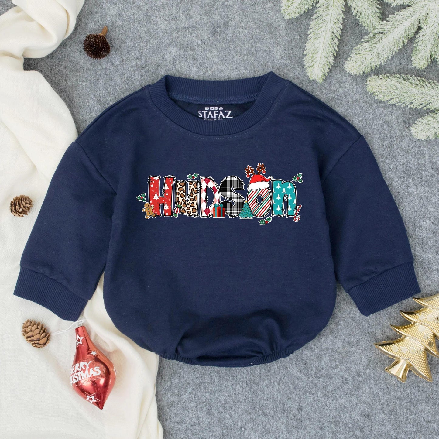 Personalized Baby Boy First Christmas Romper Outfit Custom Name Holiday Bubble Toddler Clothes Winter Gift Festive Infant Outfit Adorable Xmas 138
