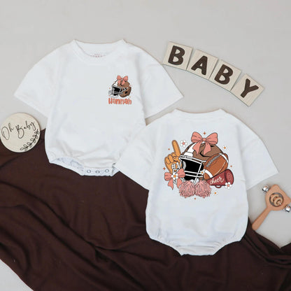 Custom Name Football Girl Bubble Romper First Birthday Game Day Outfit with Pink Bow Helmet Pom-Poms and Cheer Baby Sports Gift