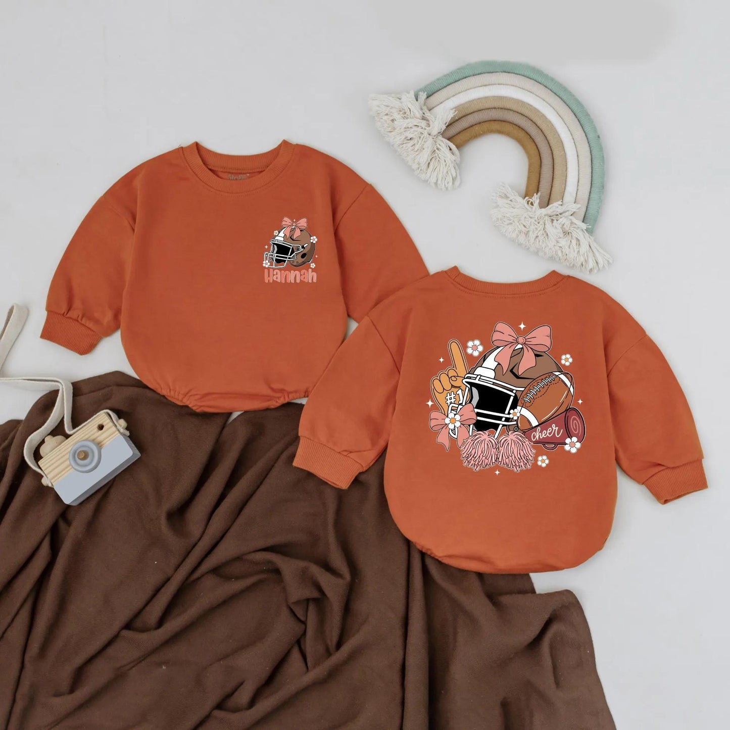 Custom Name Football Girl Bubble Romper First Birthday Game Day Outfit with Pink Bow Helmet Pom-Poms and Cheer Baby Sports Gift