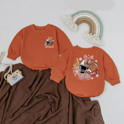 Custom Name Football Girl Bubble Romper First Birthday Game Day Outfit with Pink Bow Helmet Pom-Poms and Cheer Baby Sports Gift