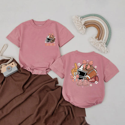 Custom Name Football Girl Bubble Romper First Birthday Game Day Outfit with Pink Bow Helmet Pom-Poms and Cheer Baby Sports Gift