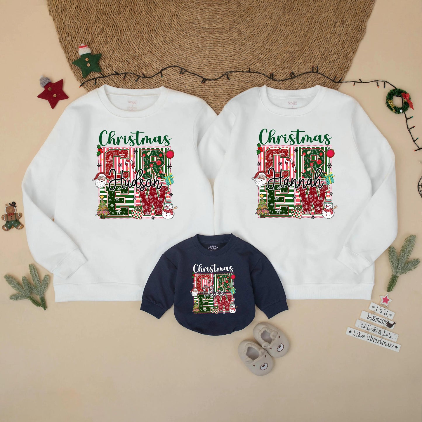 Personalized Christmas Crew Sweatshirt Matching Family Holiday Outfit Custom Name Christmas Trees Snowflakes Santa Festive Gift 130-140 chars