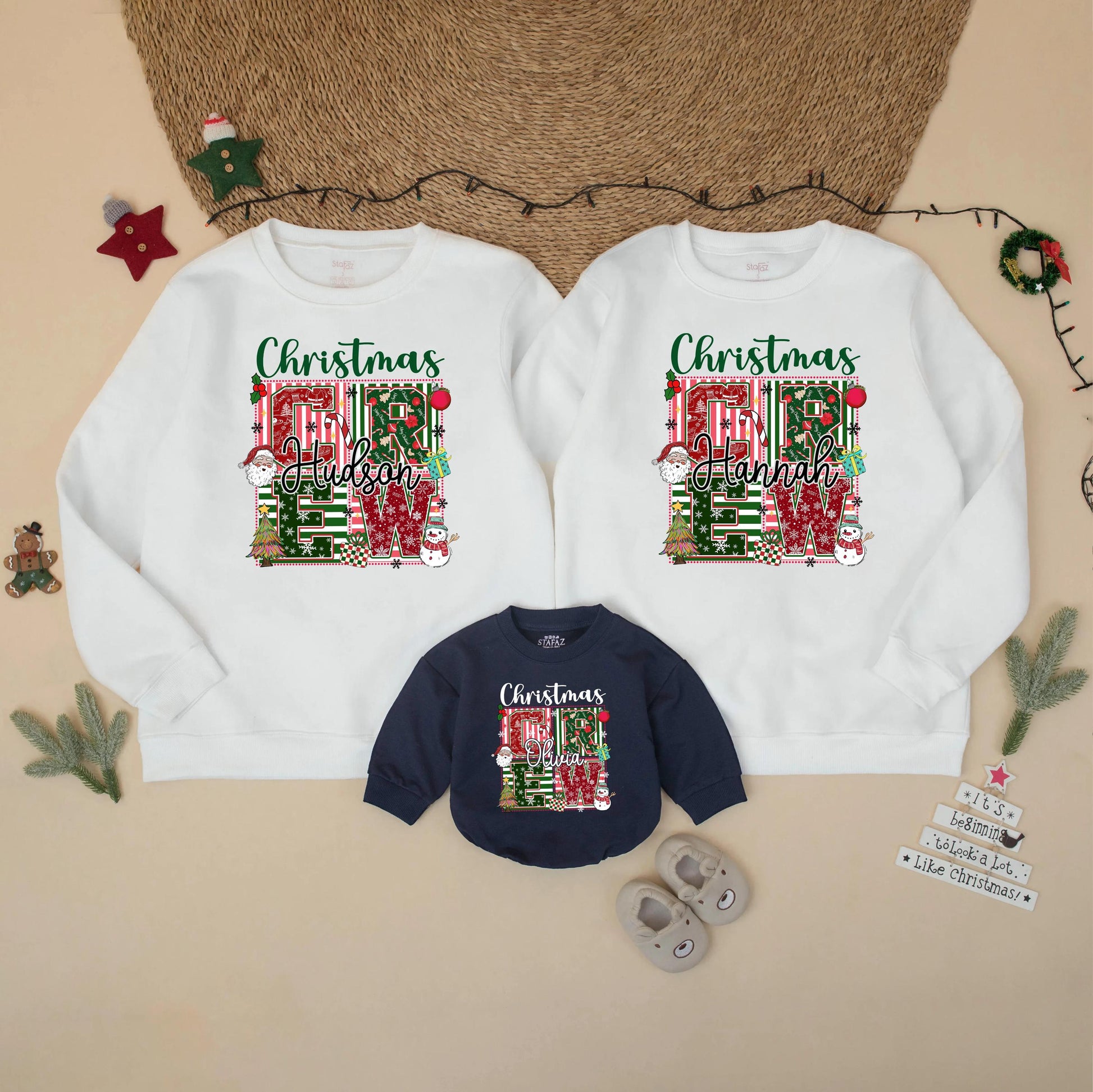 Personalized Christmas Crew Sweatshirt Matching Family Holiday Outfit Custom Name Christmas Trees Snowflakes Santa Festive Gift 130-140 chars