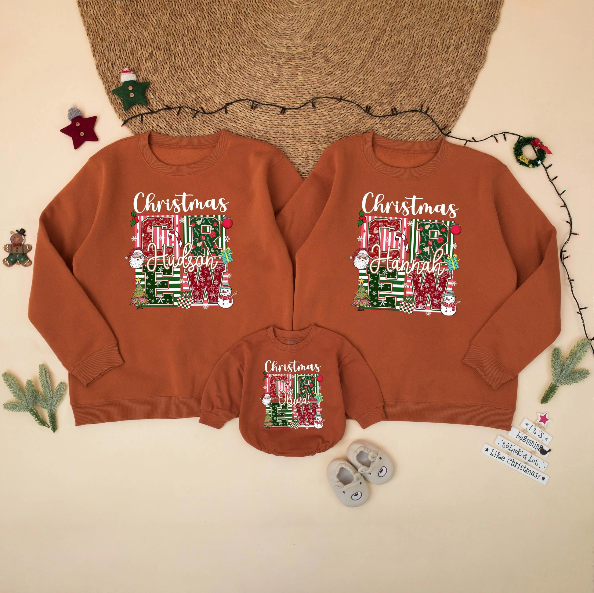 Personalized Christmas Crew Sweatshirt Matching Family Holiday Outfit Custom Name Christmas Trees Snowflakes Santa Festive Gift 130-140 chars