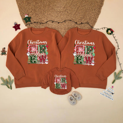 Personalized Christmas Crew Sweatshirt Matching Family Holiday Outfit Custom Name Christmas Trees Snowflakes Santa Festive Gift 130-140 chars