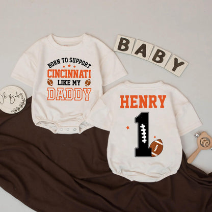 Born to Support Cincinnati Football Baby Romper Personalized First Birthday Outfit Daddy's Boy Touchdown Season Joyful Celebration Clothes