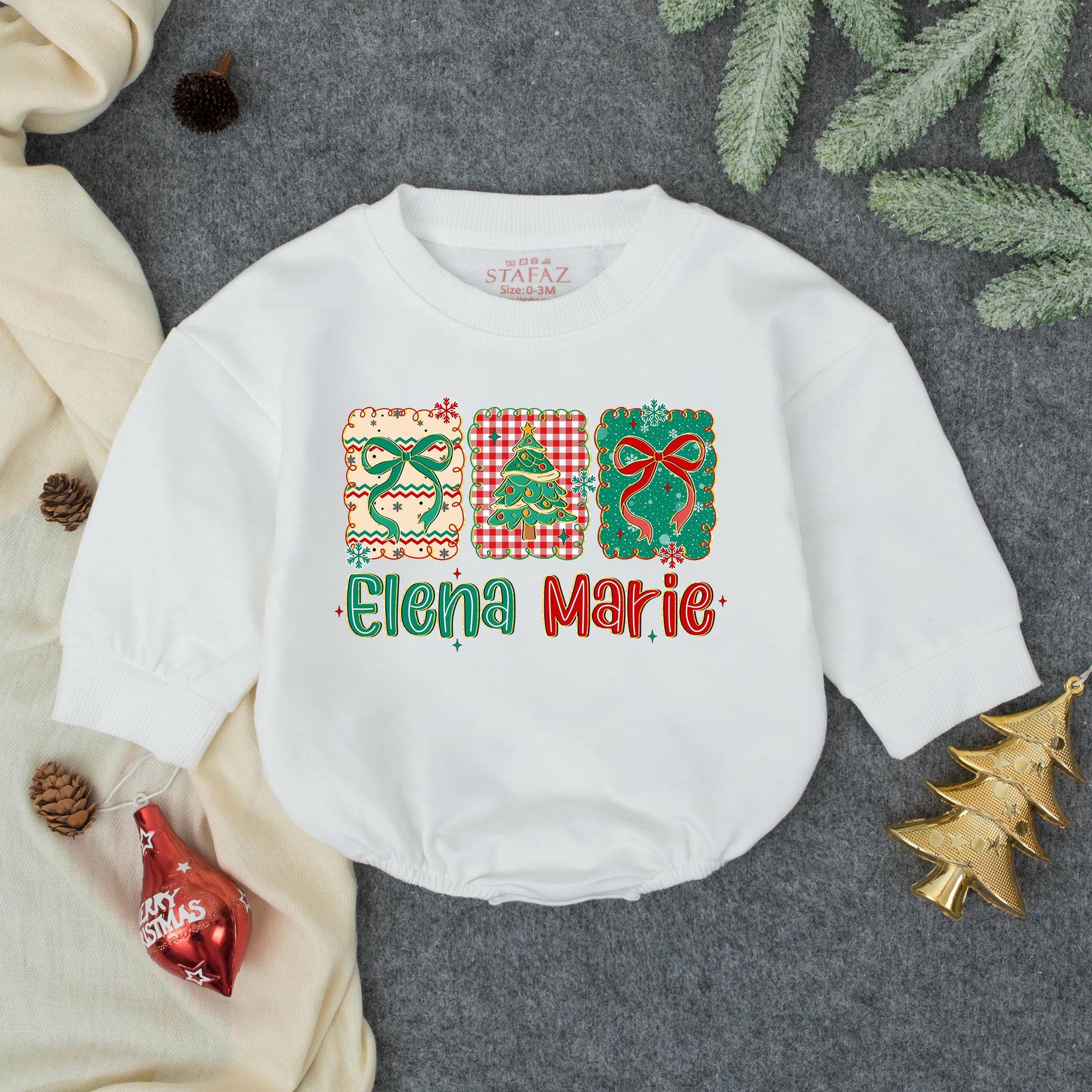 Elena Marie Christmas Girl Bubble Romper, Festive Baby Outfit, Personalized Holiday Toddler Clothes, First Christmas Gift, Snowflake Design