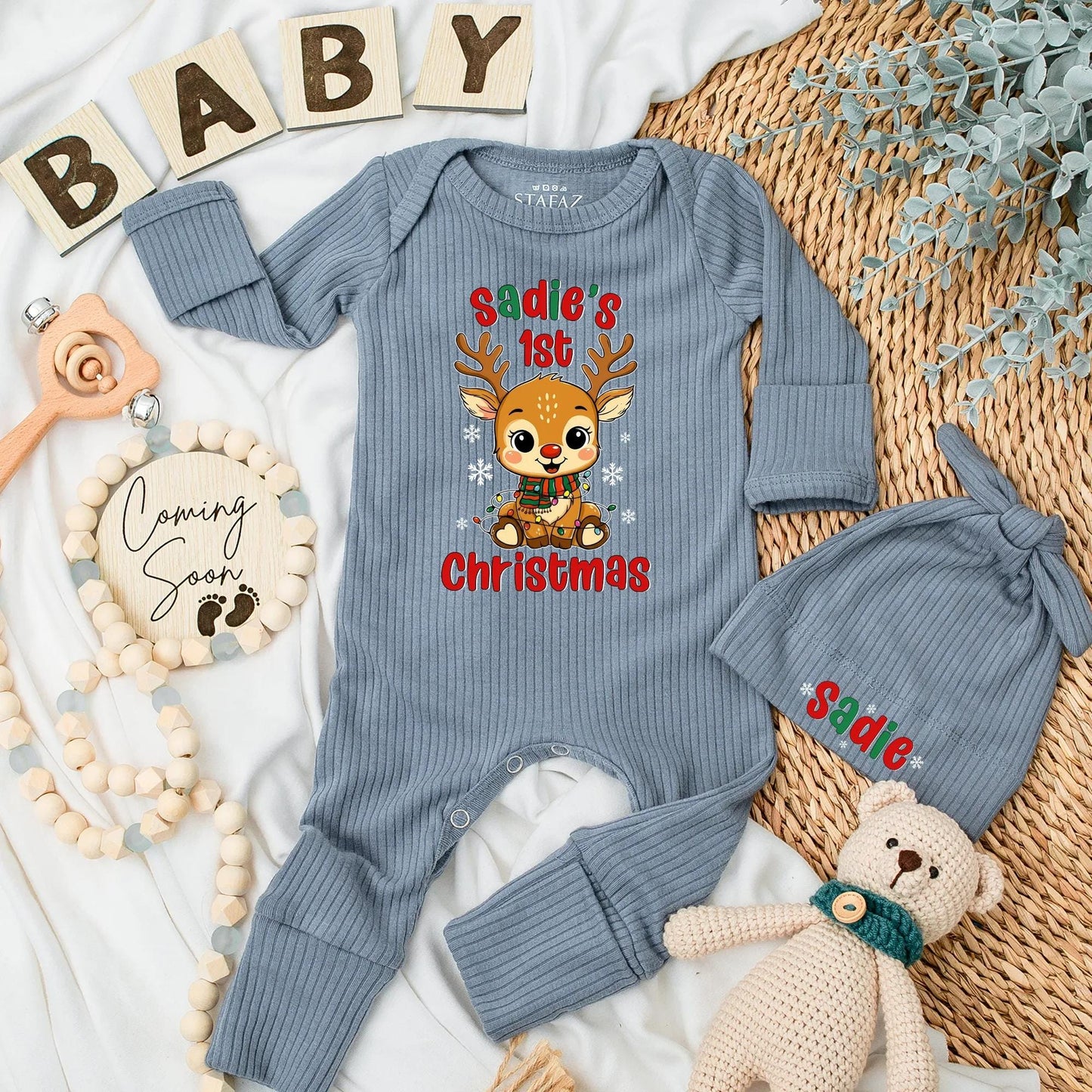 Sadie's 1st Christmas Reindeer Baby Bodysuit Outfit Personalized with Name, Cute Newborn Xmas Clothes, Baby Shower Gift, Festive Outfit 138