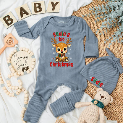 Sadie's 1st Christmas Reindeer Baby Bodysuit Outfit Personalized with Name, Cute Newborn Xmas Clothes, Baby Shower Gift, Festive Outfit 138