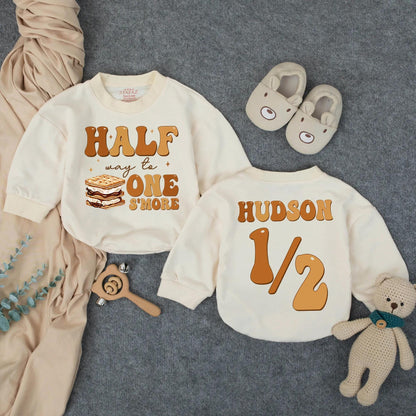 Custom Half Way To One S’more Romper 6 Months Milestone Outfit Baby Boy Clothes Personalized Half Birthday Gift