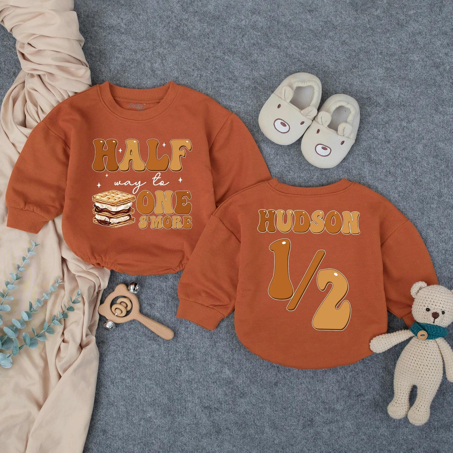 Custom Half Way To One S’more Romper 6 Months Milestone Outfit Baby Boy Clothes Personalized Half Birthday Gift