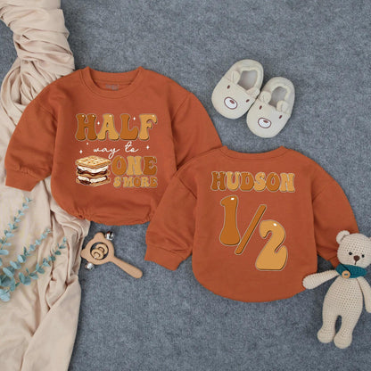 Custom Half Way To One S’more Romper 6 Months Milestone Outfit Baby Boy Clothes Personalized Half Birthday Gift