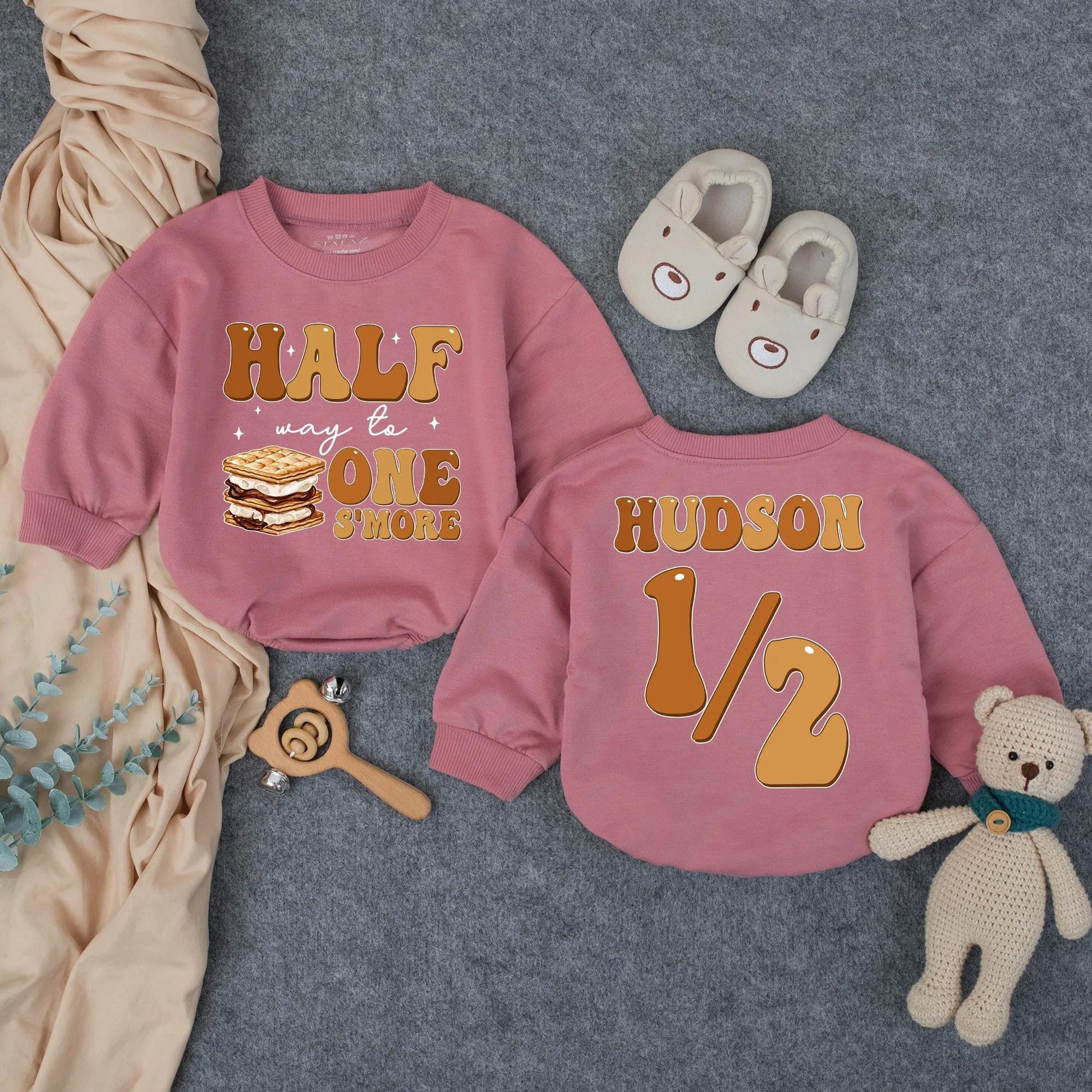 Custom Half Way To One S’more Romper 6 Months Milestone Outfit Baby Boy Clothes Personalized Half Birthday Gift