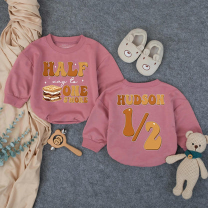 Custom Half Way To One S’more Romper 6 Months Milestone Outfit Baby Boy Clothes Personalized Half Birthday Gift
