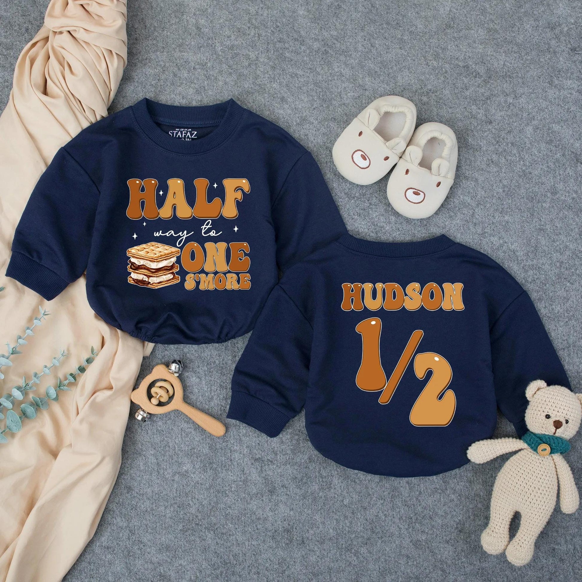 Custom Half Way To One S’more Romper 6 Months Milestone Outfit Baby Boy Clothes Personalized Half Birthday Gift