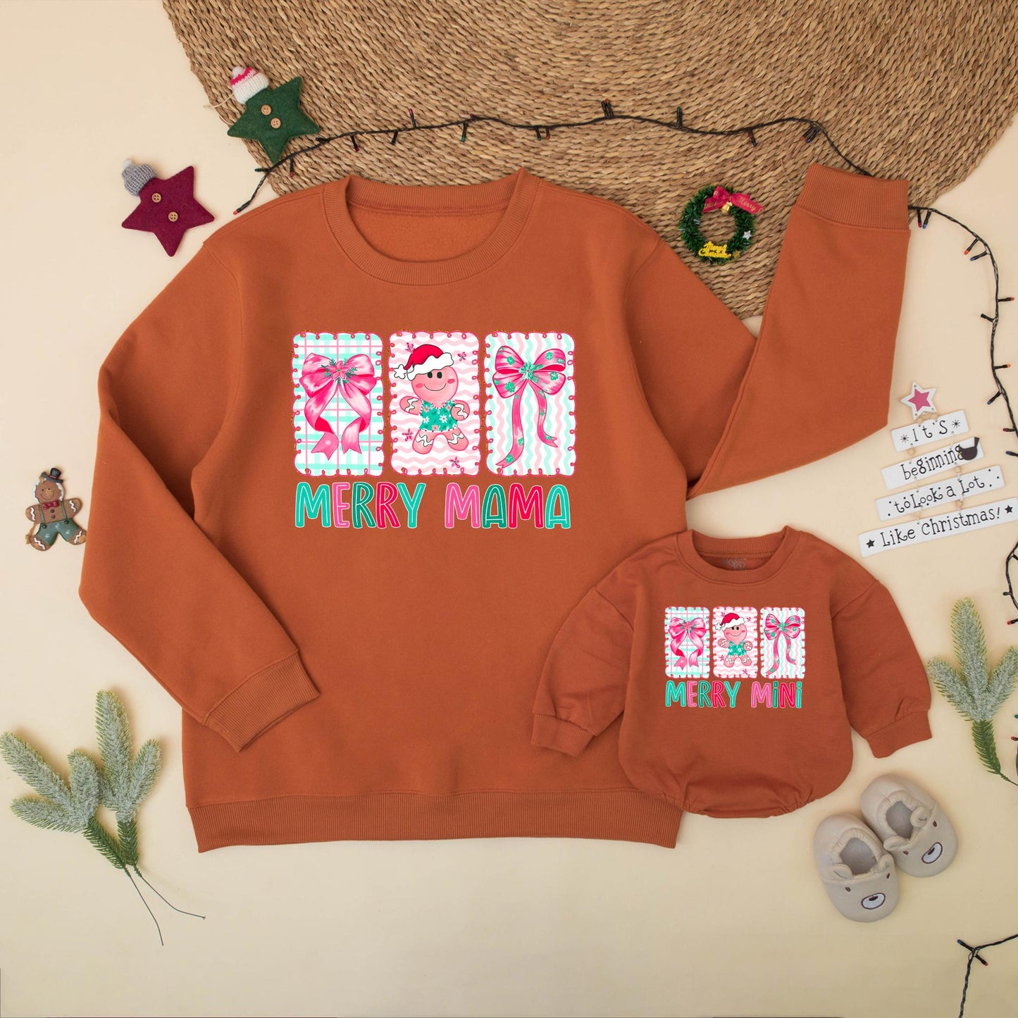 Preppy Merry Mama Mini Matching Family Christmas Sweatshirt Romper Set with Gingerbread Pink Bows Playful Pastel Girly Design Gift